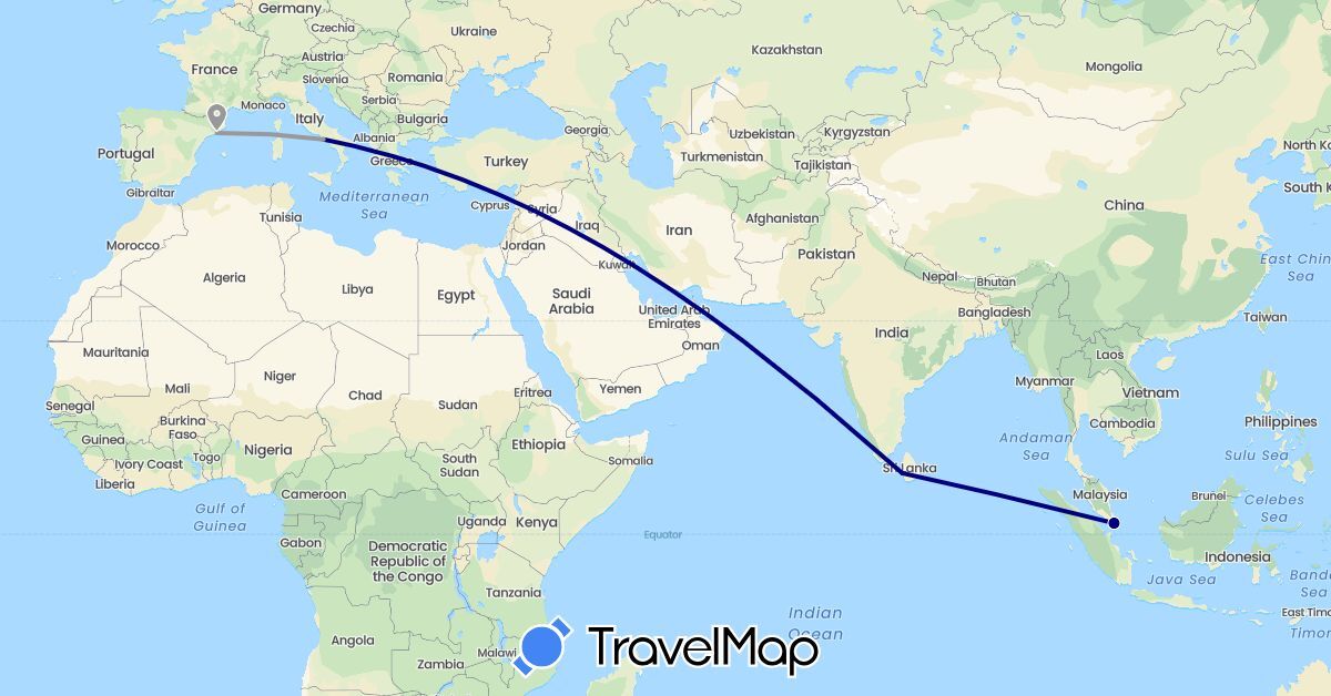 TravelMap itinerary: driving, plane in Spain, Italy, Sri Lanka, Singapore (Asia, Europe)